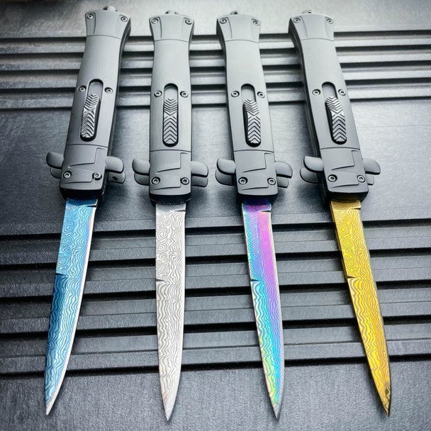 9_-Italian-Stiletto-Style-OTF-Knife-Damascus-Etch-1.jpg Nóż stiletto sprężynowy 9 inch Auto nóż Italian Stiletto Style OTF Nóż damasceński Etch