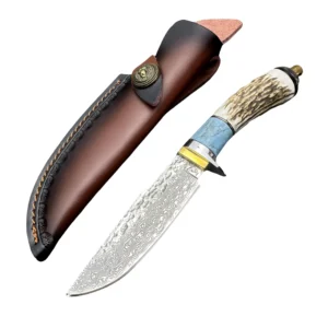 Nóż damasceński Collection of straight damasceński nóż with antler inlaid brass handle and cowhide sheath