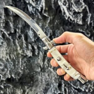 Nóż stiletto sprężynowy 9 inch white shell resin curved blade switchblade stiletto switchblade